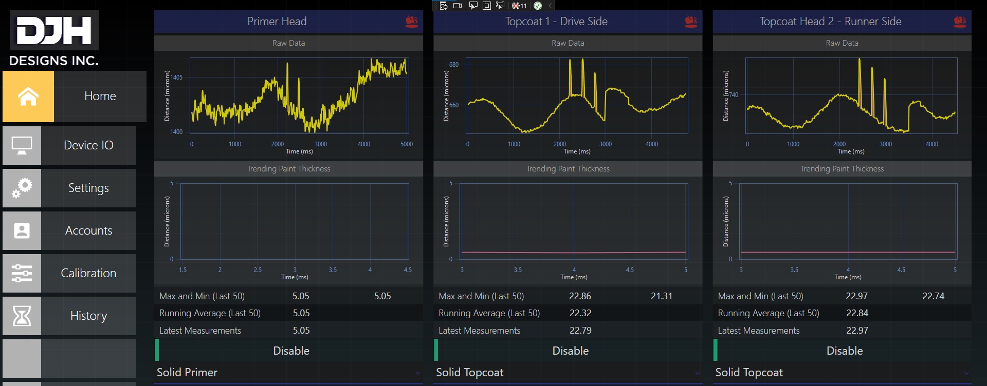 DFM-Alpha software interface — real-time coating thickness monitoring screenshot