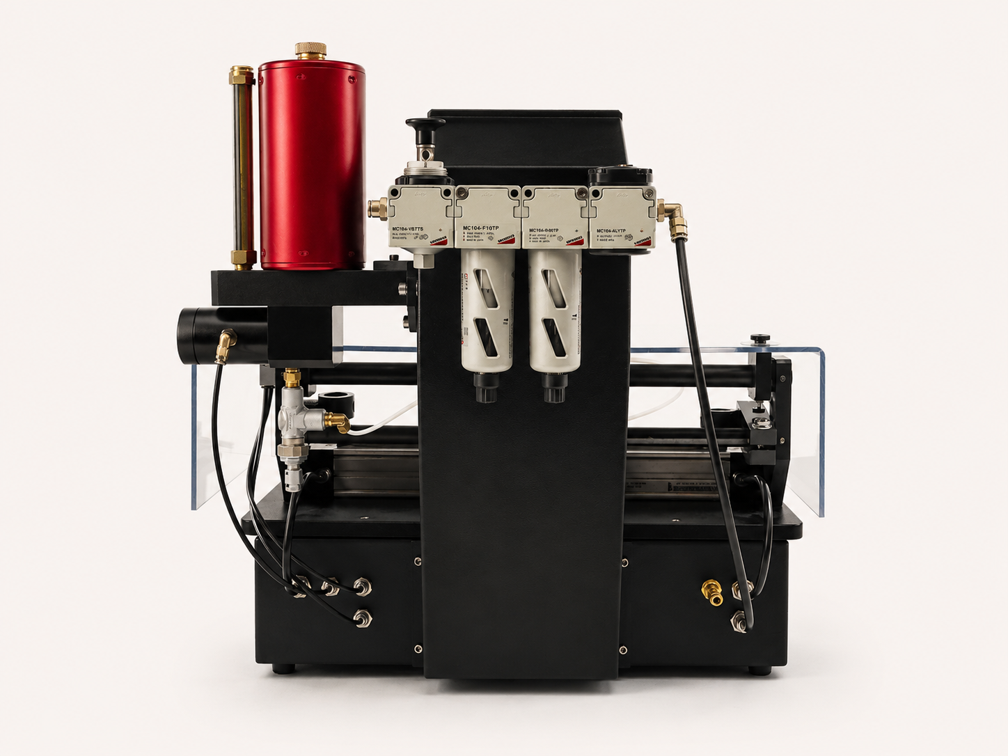 Machine de Test de Frottement MEK — détail du panneau de commande et de la vanne de débit de solvant